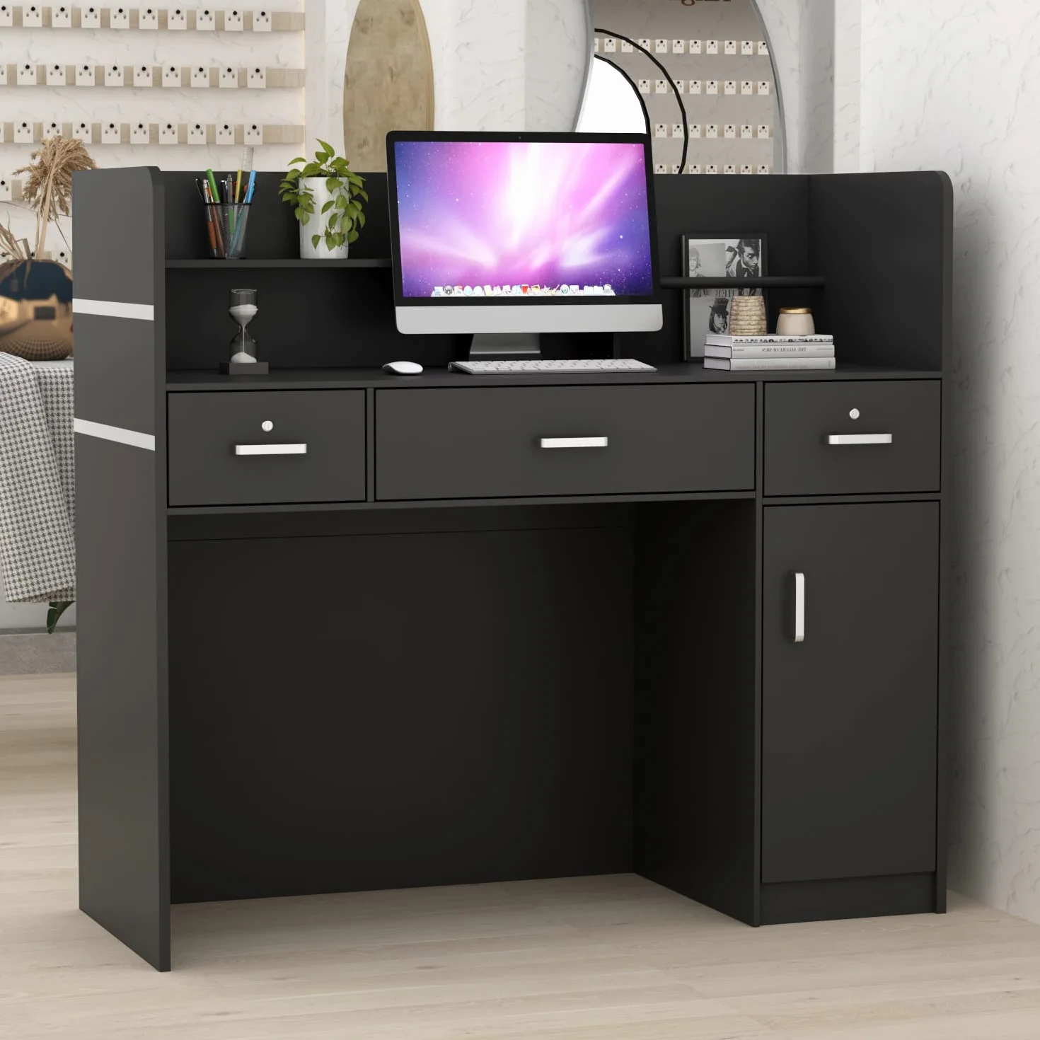 Bancone reception, tavolo bancone, bancone negozio banco vendita tavolo vendita, mobili ufficio mobili reception con 3 cassetti e 1 mobile, 110 X 120 X 48 cm, nero