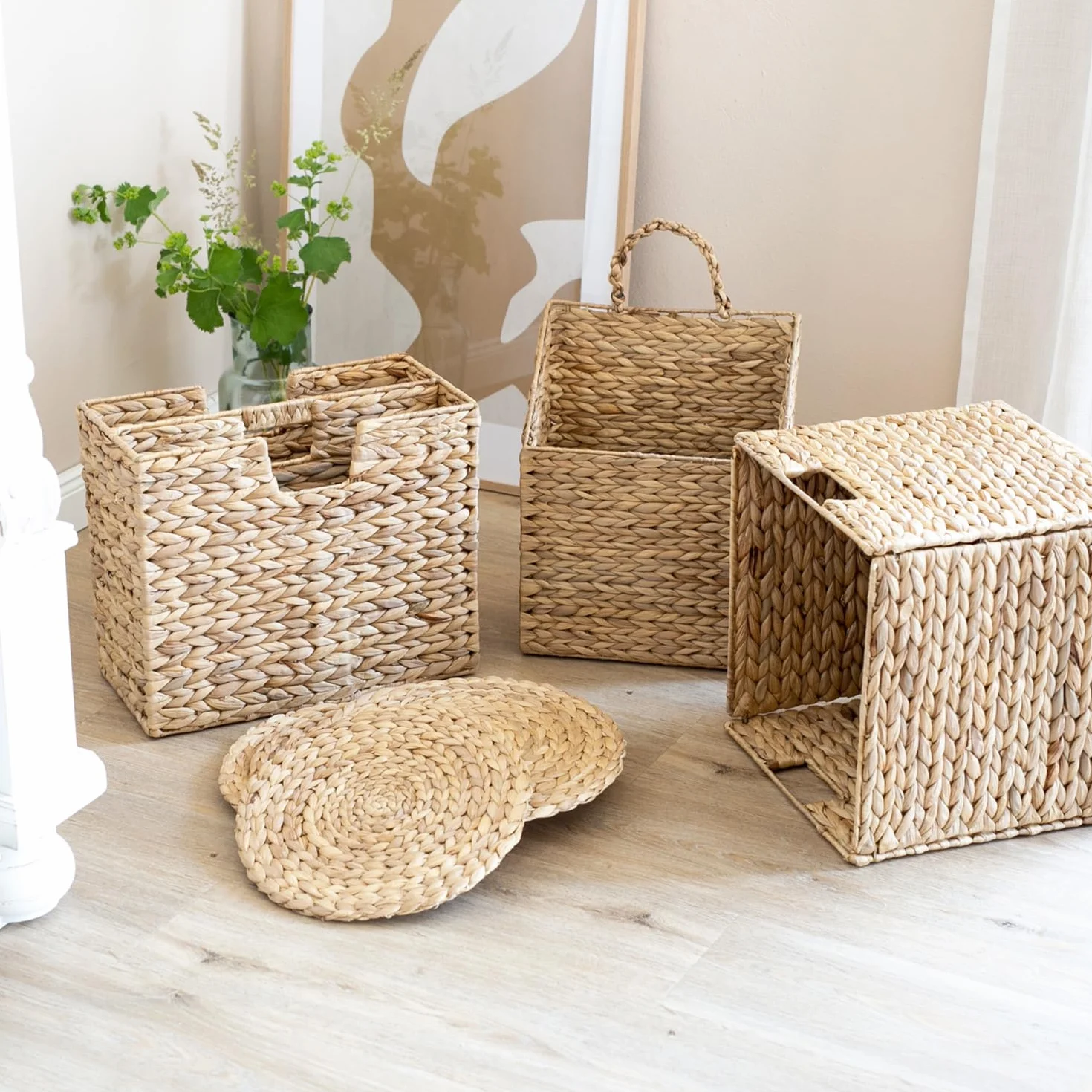 HMF Cesto portaoggetti per cartelle sospese DIN A4 compatibile con scaffale KALLAX, cesto intrecciato in giacinto d’acqua con maniglie | 33 x 38 x 32 cm | naturale