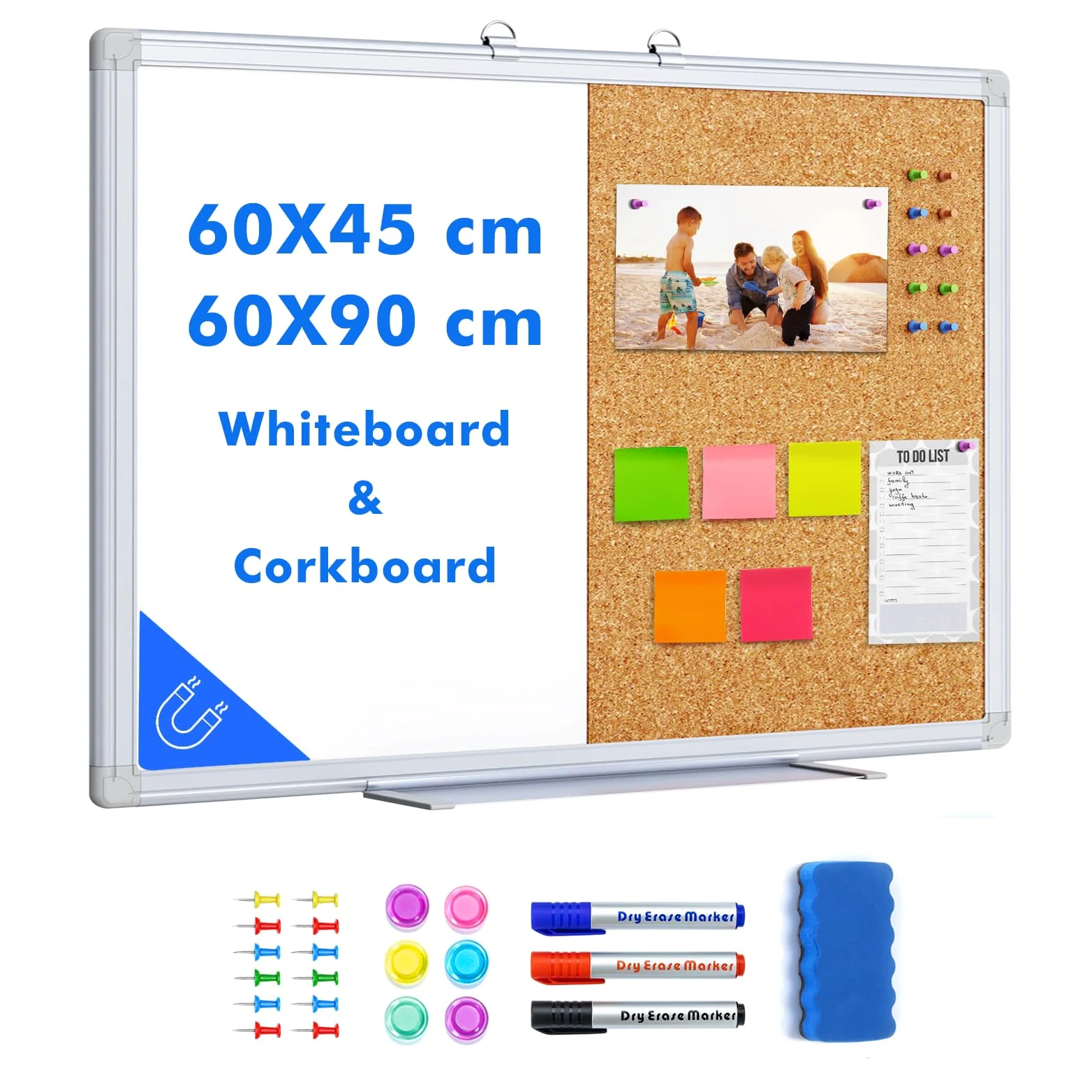 maxtek Lavagna Magnetica con Bacheca 60 x 45 cm, Lavagna Cancellabile Combinata Messaggi da Appendere, Bacheca in Sughero da Parete per Homeschooling, Ufficio, Aula