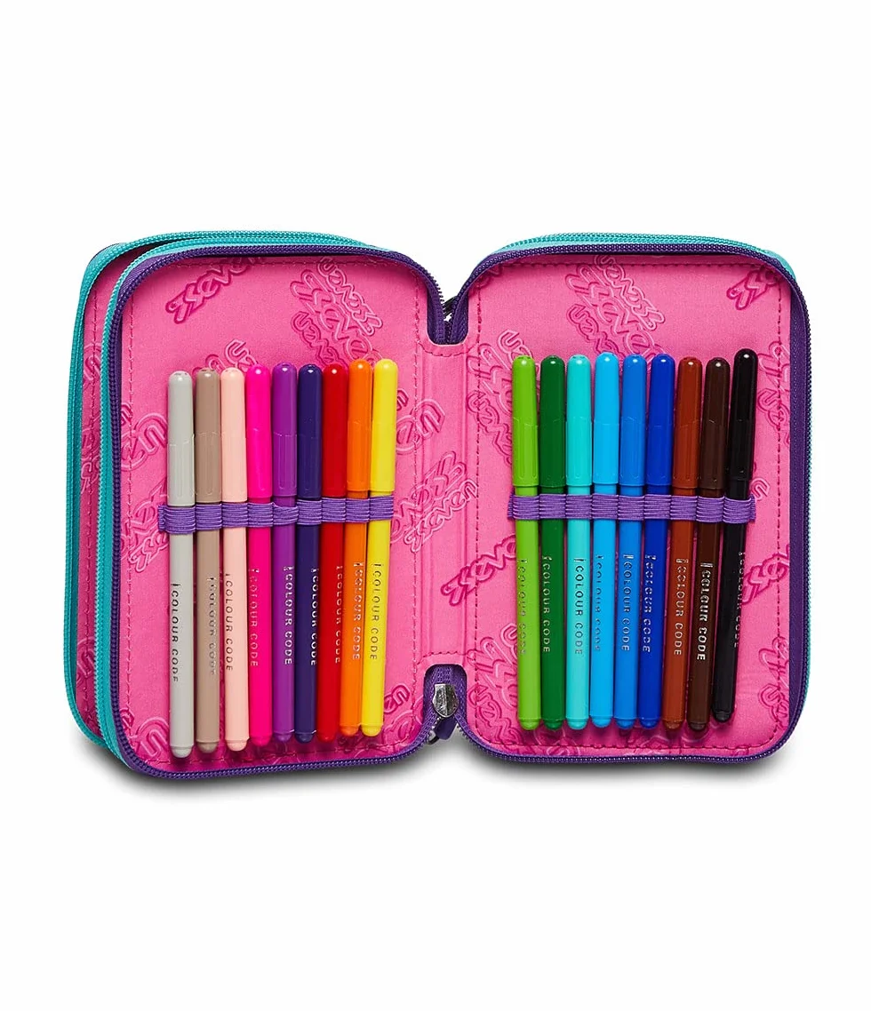 Seven Astuccio Scuola Elementare 3 scomparti con Matite Pennarelli Penne 3 Zip Trendy Heart Girl rosa/azzurro