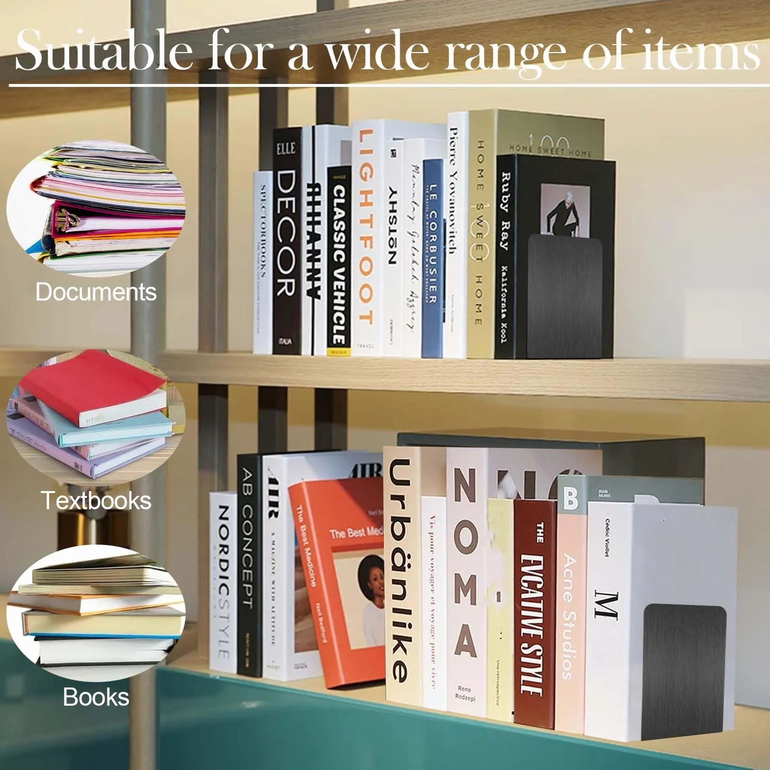Fermalibri in metallo 6 pezzi 17x13,5x10,2 cm Organizer da Scrivania per Libri con supporto antiscivolo nero