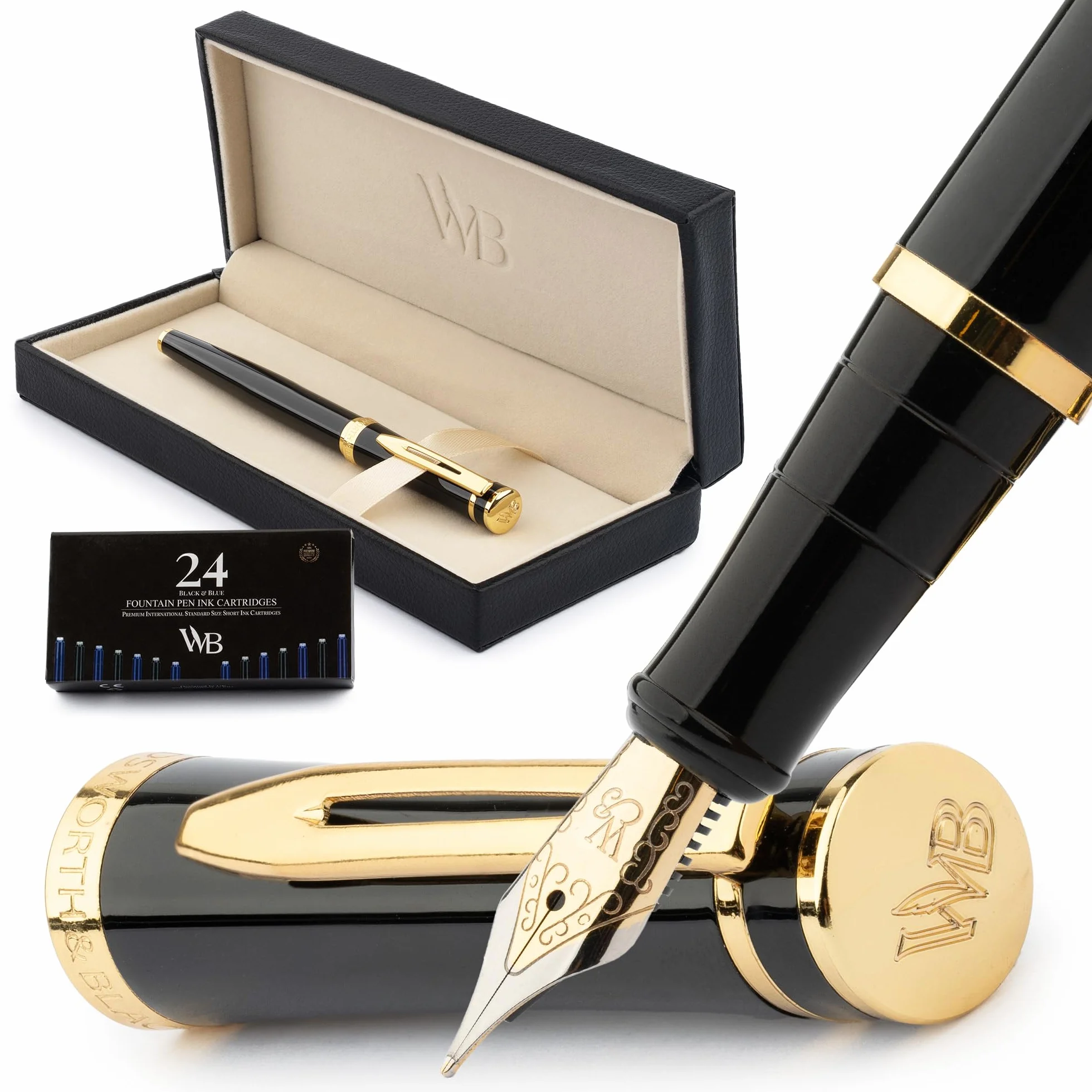 Wordsworth & Black Set di penne stilografiche, Pennino medio, 24 cartucce inchiostro e convertitore, Oro nero