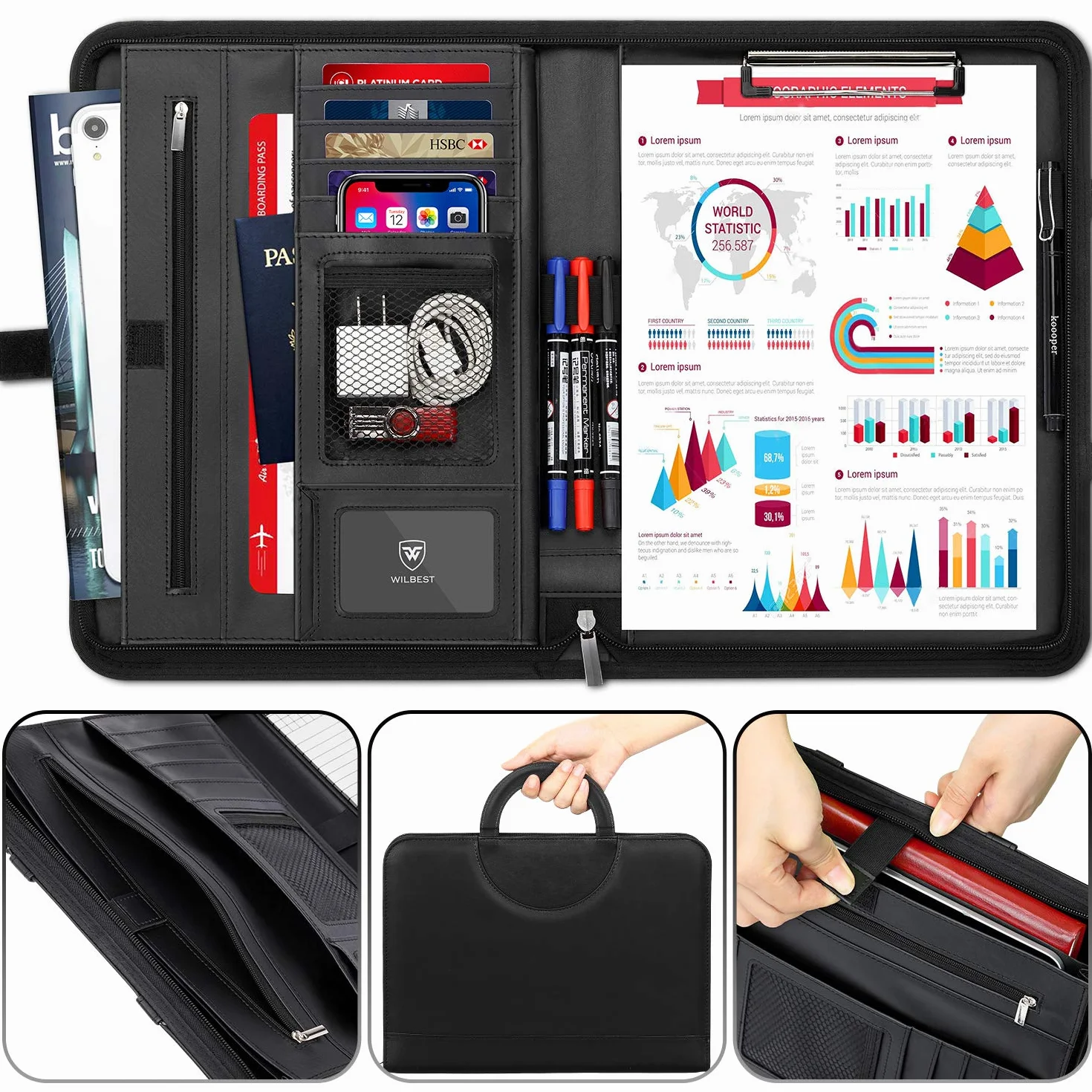 Cartella Portadocumenti A4 Pelle Cerniera 2 Livelli Organizer Portablocco Borsa Conferenza NERO