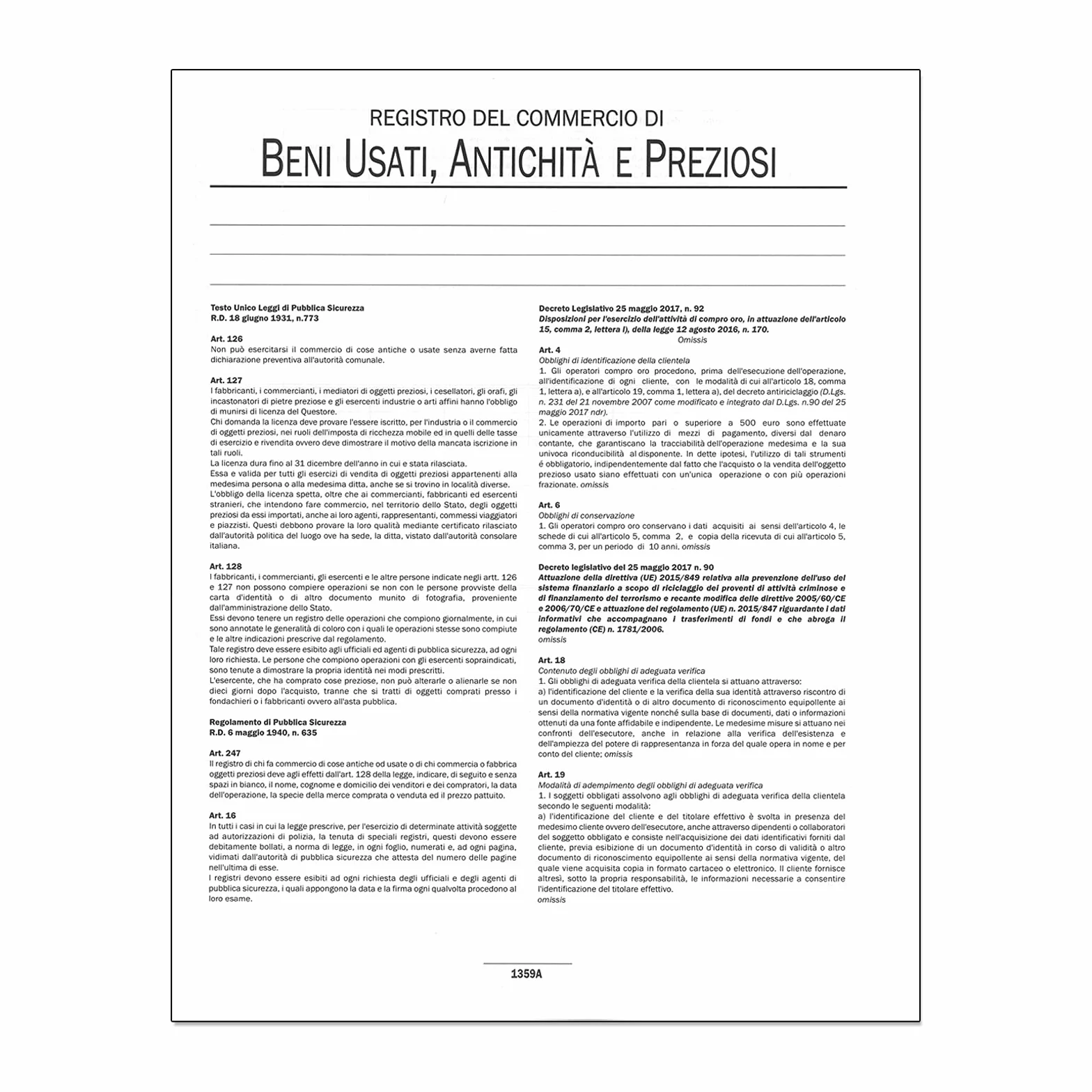 REGISTRO DEL COMMERCIO BENI USATI ANTICHITA' E PREZIOSI