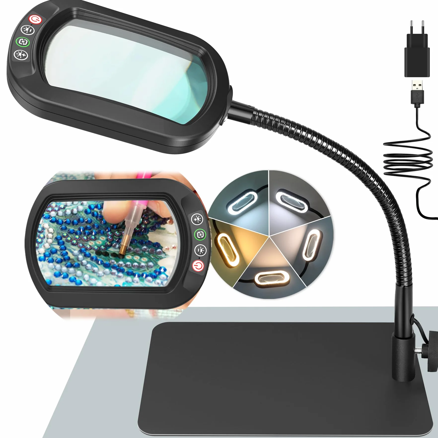 Drdefi 10X Rettangolare Lente di Ingrandimento con Luce LED, Lampada da Scrivania Flessibile con Collo di Cigno, 5 Modalità Colore