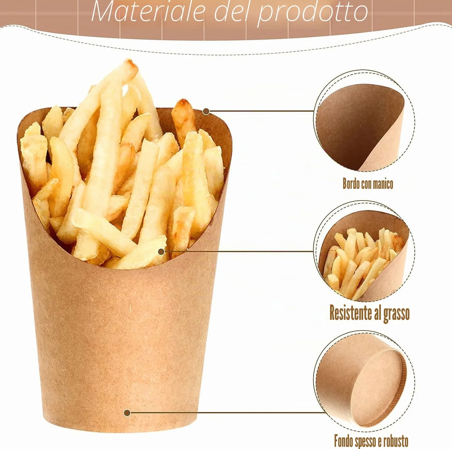 LATERN 100 Pezzi Porta Patatine Fritte Usa e Getta, 360ml Tazze in Carta Kraft per Patatine Fritte