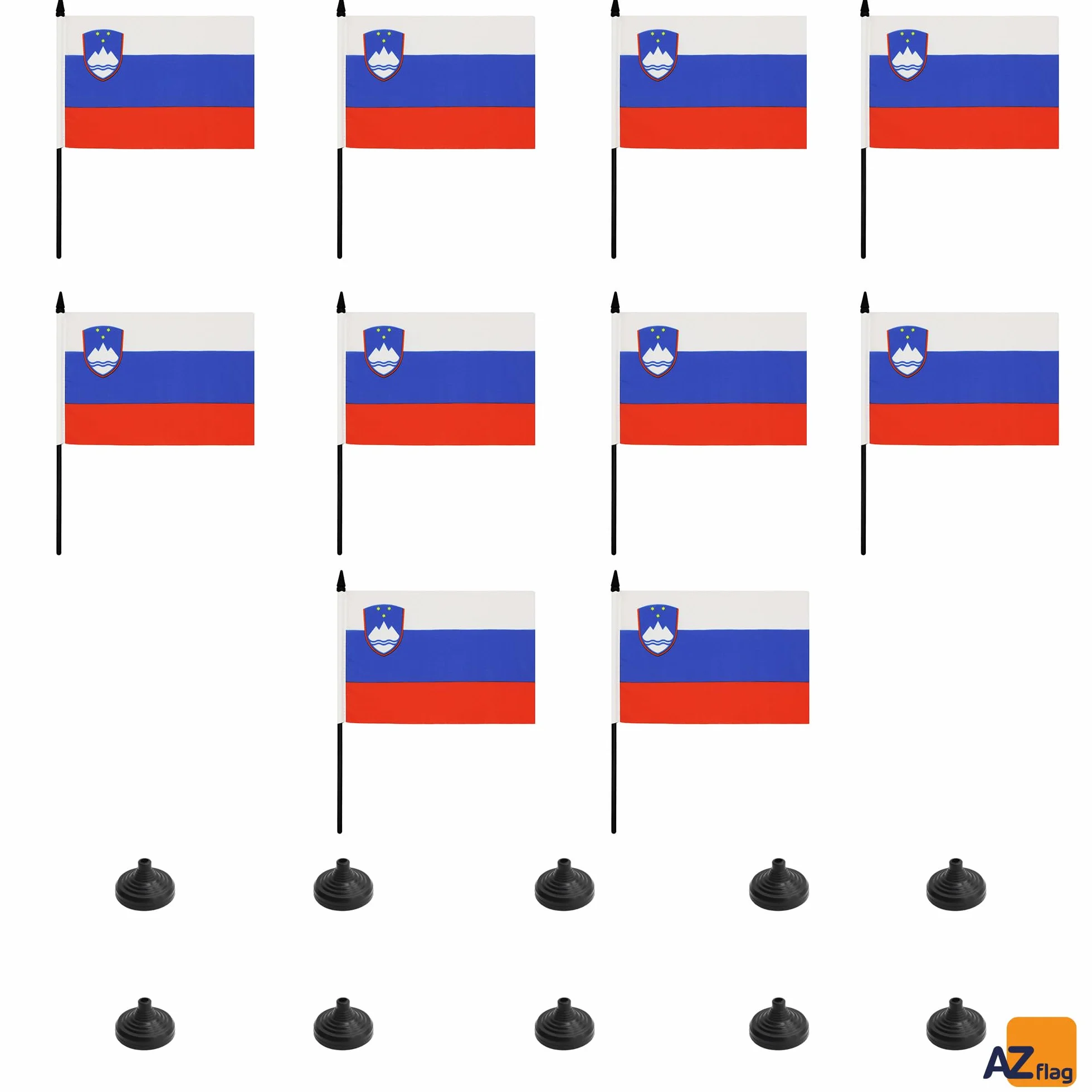 AZ FLAG - Set di 10 bandiere da tavolo Slovenia, 21 x 14 cm, 10 piccole bandiere slovene da ufficio, 100% poliestere, con asta da 25 cm, base in plastica nera