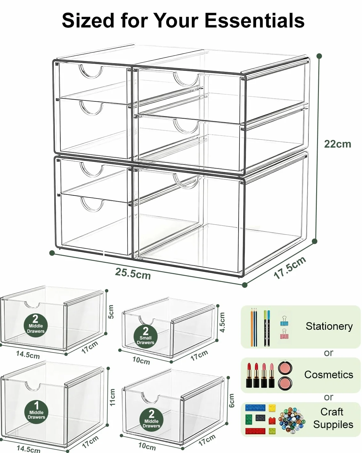 GoMaihe Set di 2 Organizer da Scrivania, Portaoggetti Make-up con 7 Cassetti, Trasparenti, Antipolvere per Trucco, Gioielli, Penne, Cancelleria