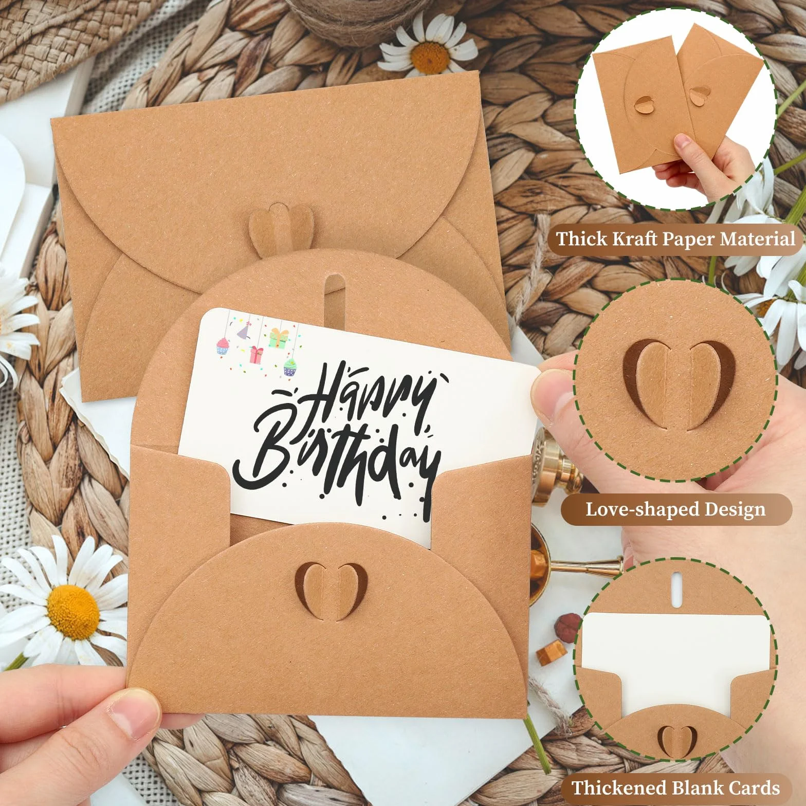 Buste di Carta Kraft 10.5x7cm con Carte Bianche, Chiusura a Cuore Farfalla per Regali Fai da Te
