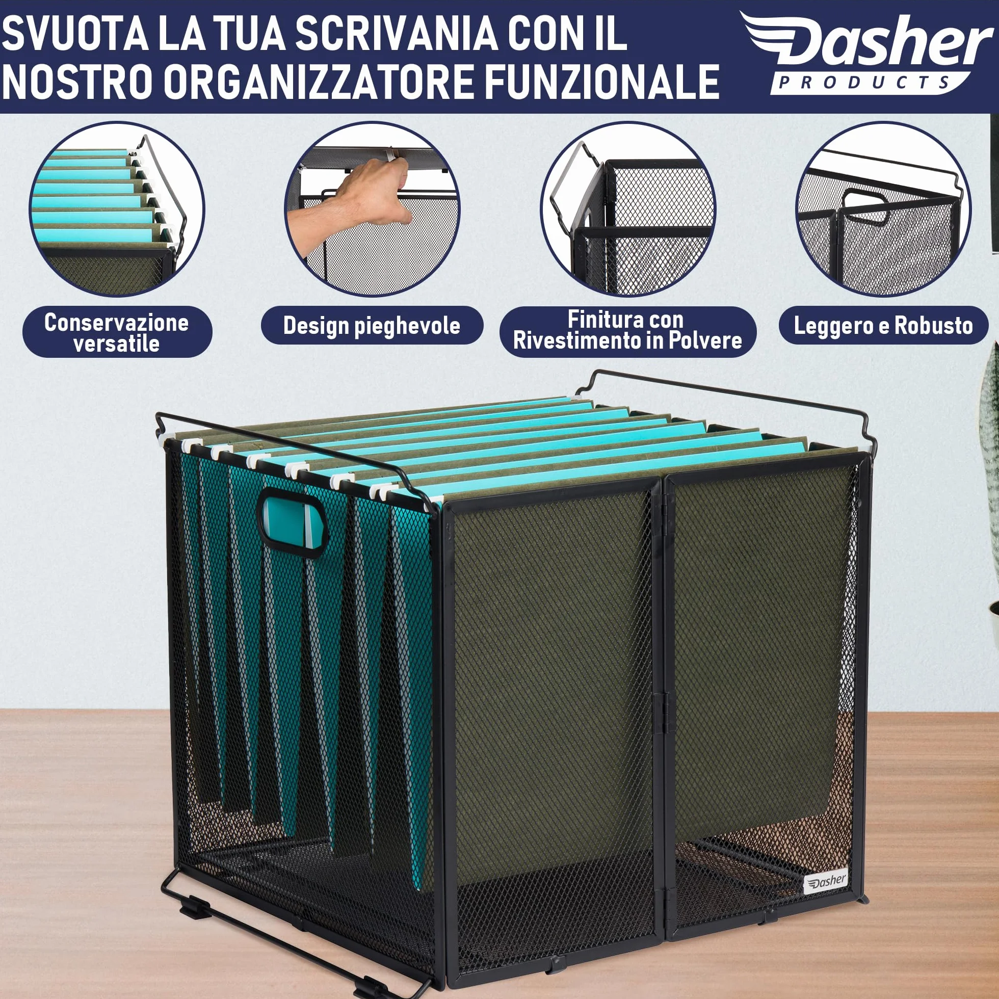 Organizer da appendere, formato A4, scatola per cartelle sospese, in rete metallica nera, scatola per file sospesi, porta documenti da appendere, contenitore portatile per ufficio, scuola