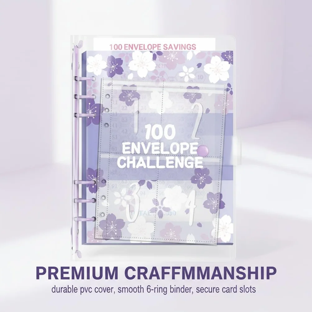 100 Envelope Savings Challenge, Libro del Risparmio A5, Budget Planner 5050€, con Buste Trasparenti e Chiusura Magnetica