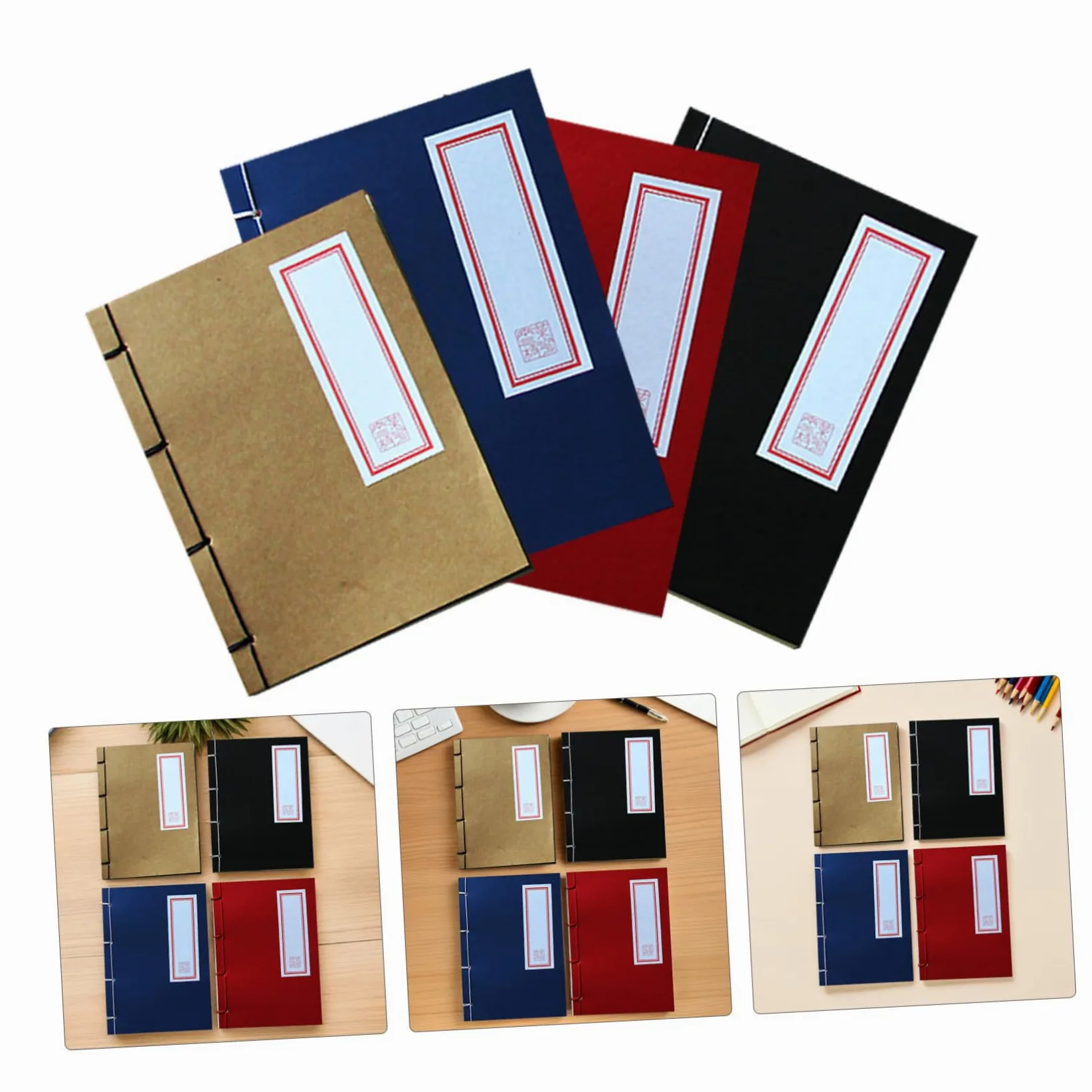 Housoutil 4pezzi Quaderni Vintage Stile Cinese Diario Diario di Carta Kraft Copertina Rigida Quaderno Retrò per Scrittura Disegno Taccuino Quaderno di Portatile