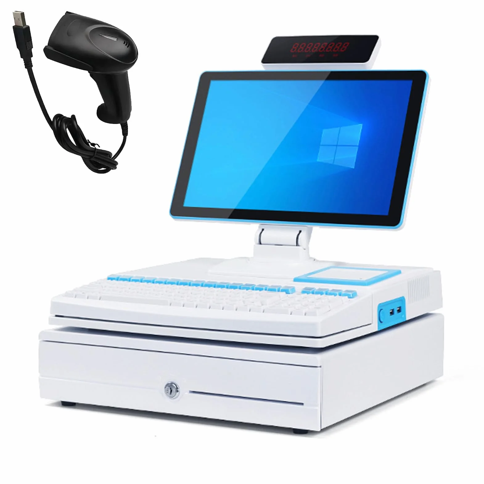 Pos all-in-One per Il Retail, Registratore di Cassa Smart con Touchscreen, Schermo Singolo O Doppio, con Lettore di Codici A Barre, Stampante E Cassetto Portadenaro White-SingleDisplay