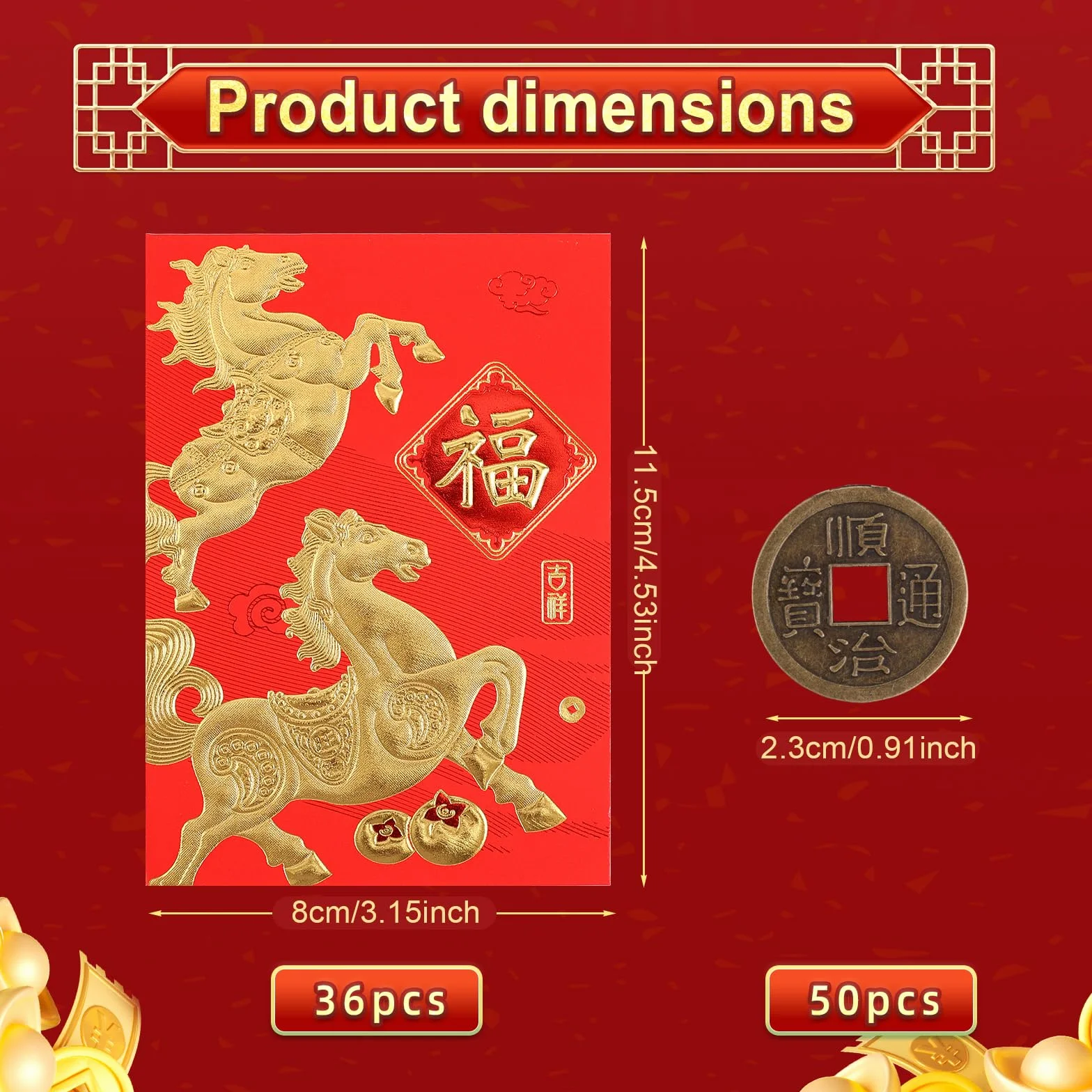 Buste Rosse per Capodanno Cinese 2026 Feng Shui 11,5x8cm 36pz con 50pz Monete Cinesi (6 Stili)