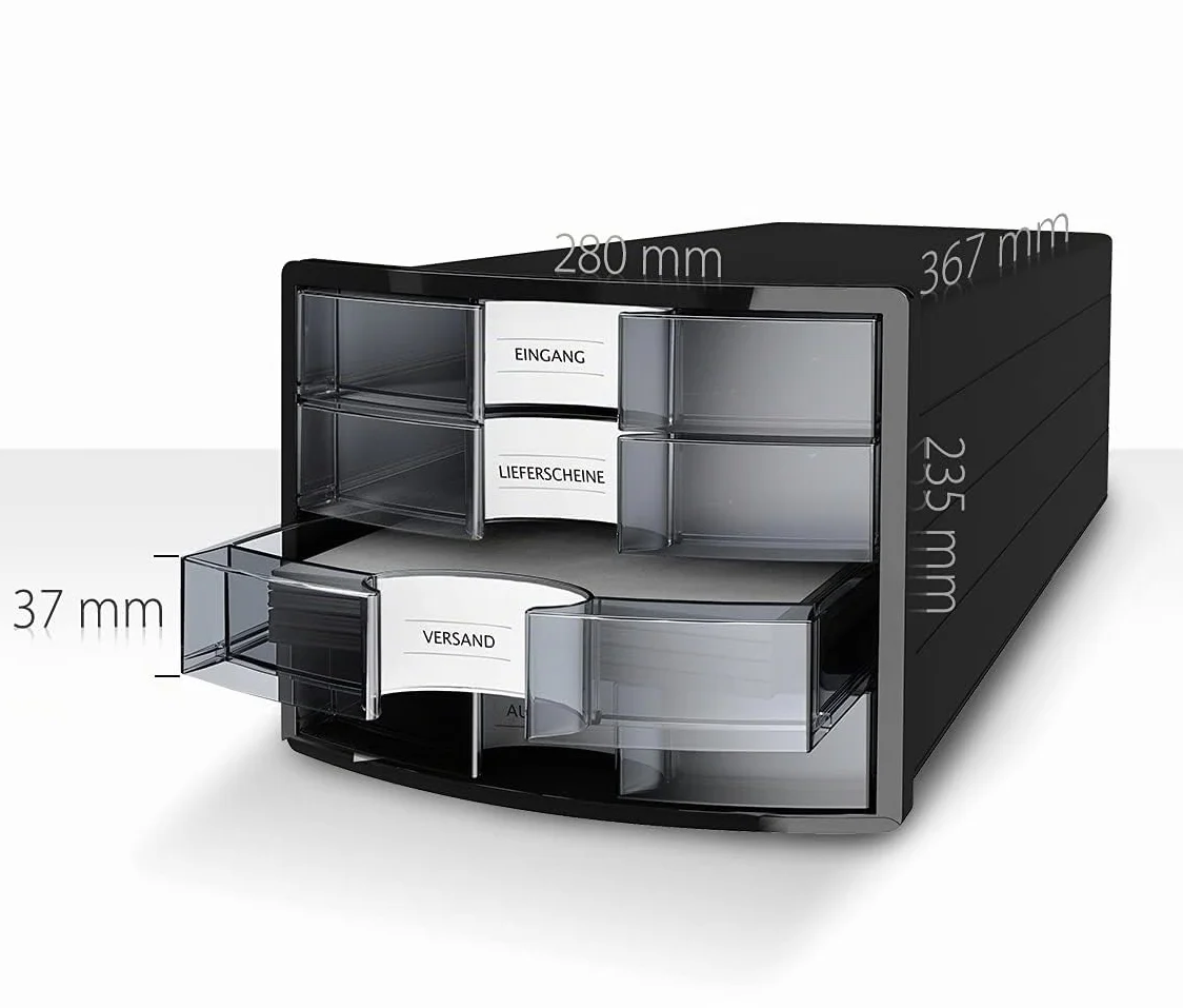 Cassettiera HAN IMPULS 2.0 – Design accattivante abbinato a una qualità eccellente. Con 4 cassetti chiusi per DIN A4/C4, nero-traslucido, 1012-363