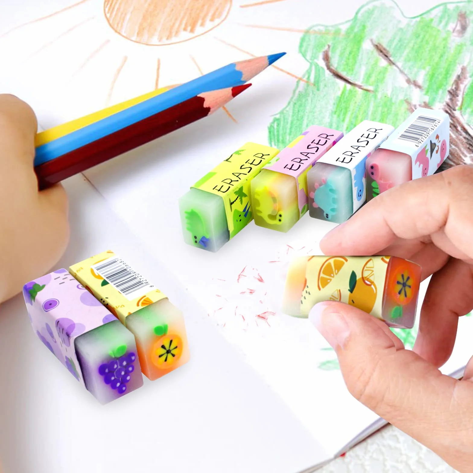 Gomme da Cancellare per Bambini 7 Pcs Frutta Dinosauro Profumate con Scatola