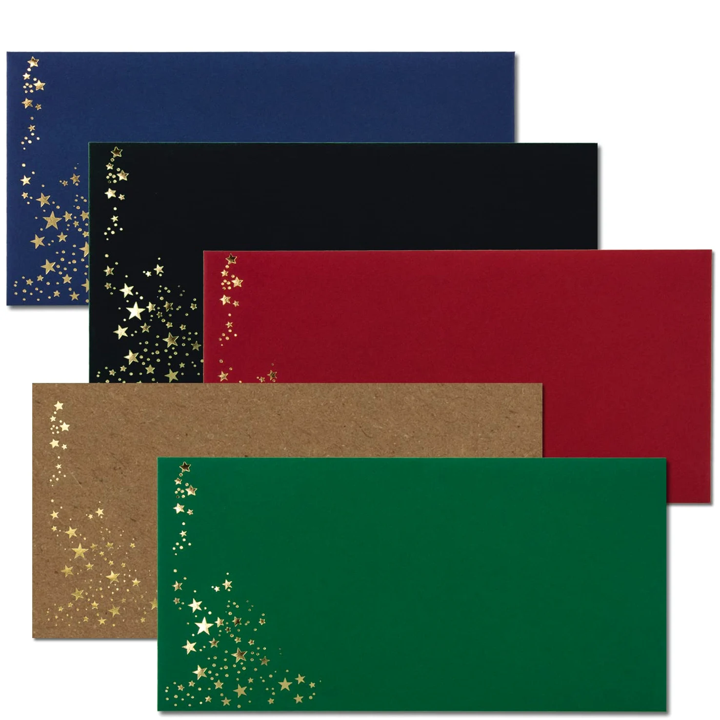 150 buste con stelle metallizzate, formato DIN lungo, set da 10, buste in rosso, nero, verde, blu e carta kraft, con stelle in oro