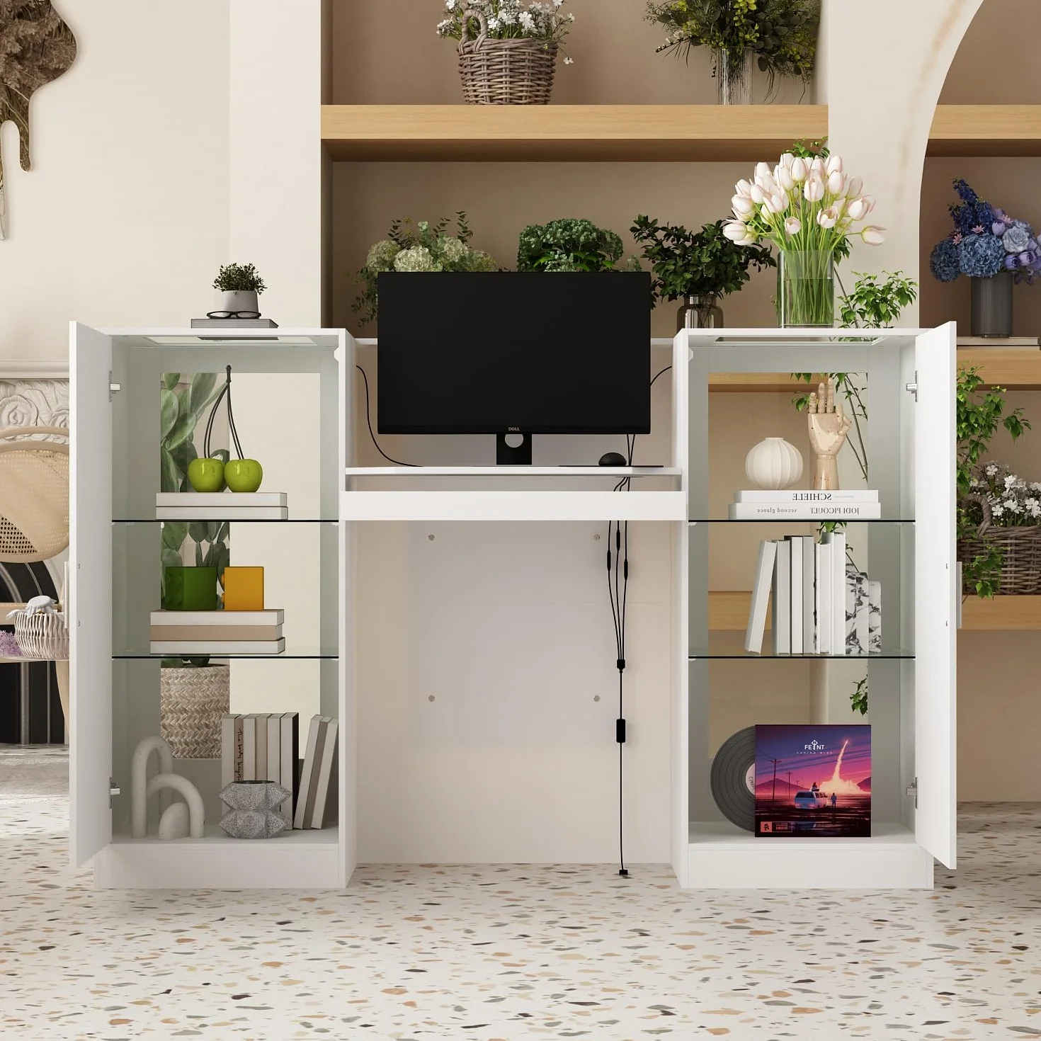 Bancone da reception bianco, tavolo da ricevimento con barra luminosa, bancone per reception, bancone ricezione, tavolo per reception, bancone ricezione con 2 armadietti e 1 vassoio scorrevole