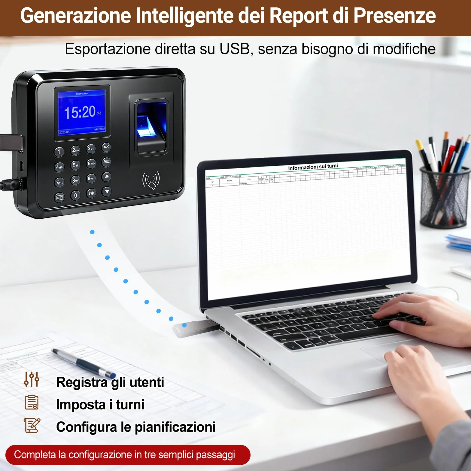 Orologio Marcatempo Biometrico per Piccole Imprese – 3-in-1: Lettore Impronte Digitali, Badge RFID (10 Inclusi), Codice PIN – Timbratrice Presenze Dipendenti senza WiFi, 0 Spese Mensili