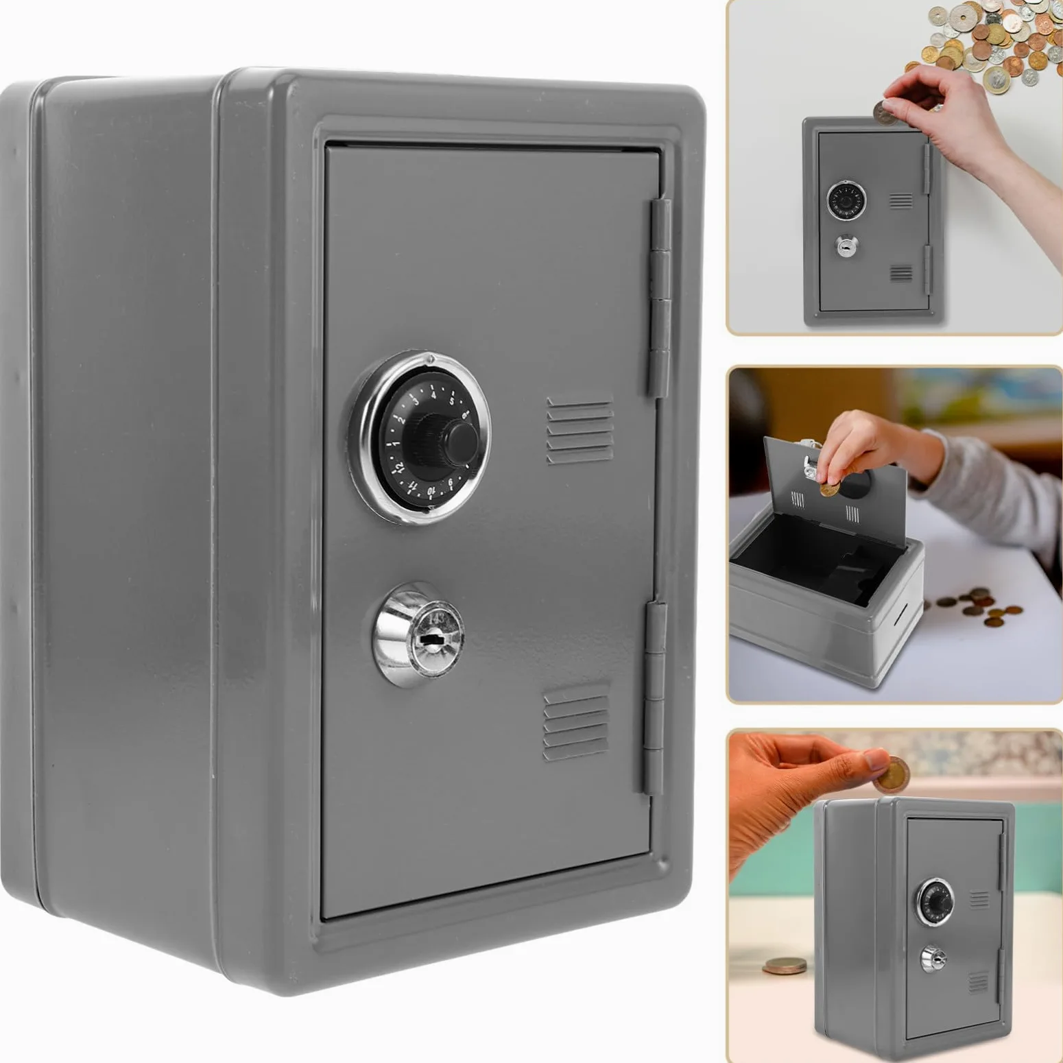 HOMSFOU Cassaforte Portatile in Ferro Argento Serratura e Slot per Monete, Mini Scatola di Sicurezza Decorativa per Casa e Ufficio