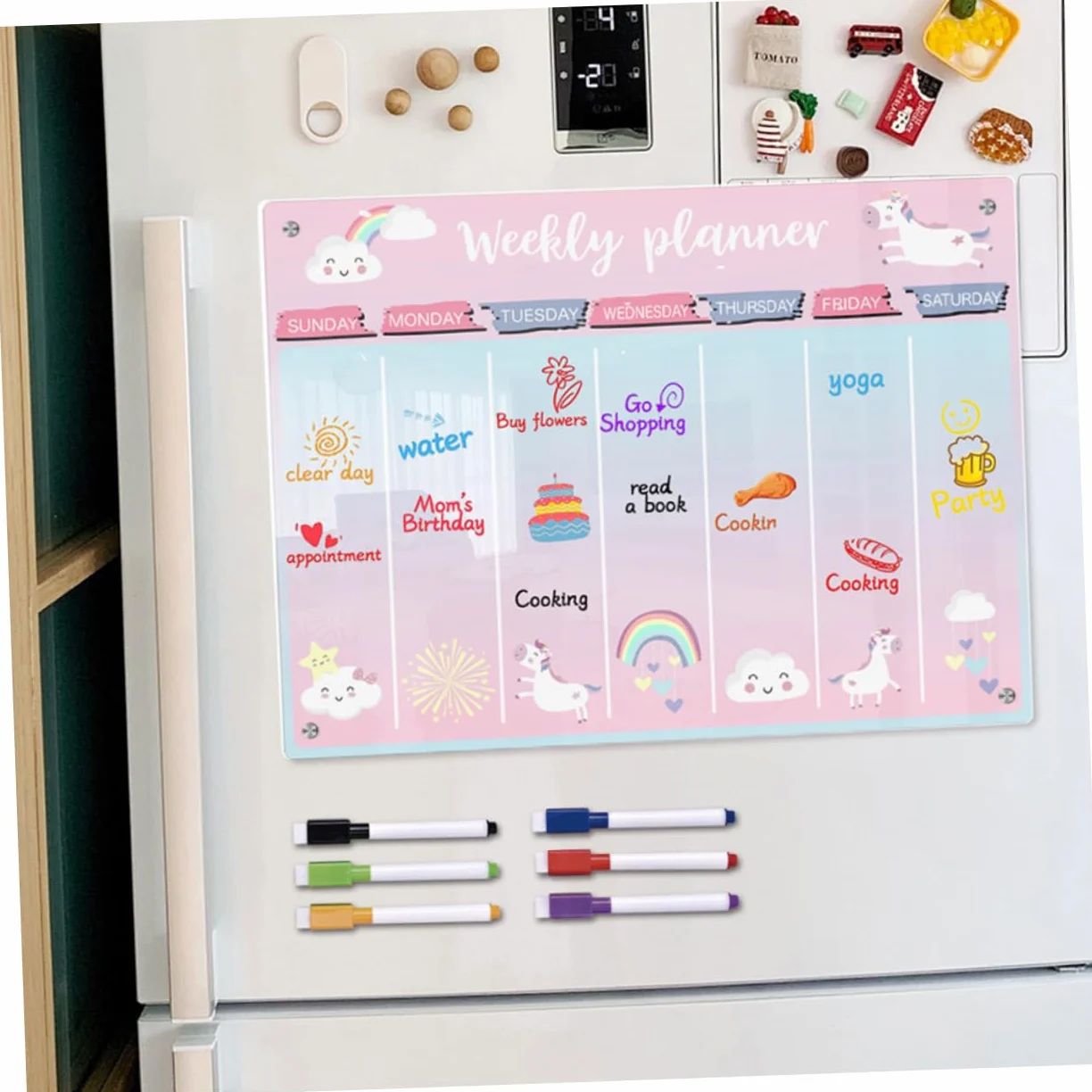 VILLCASE Lavagna Magnetica Acrilica Cancellabile a Secco per Frigorifero, Planner Settimanale Superficie Riutilizzabile e Design Colorato per Organizzazione Cucina