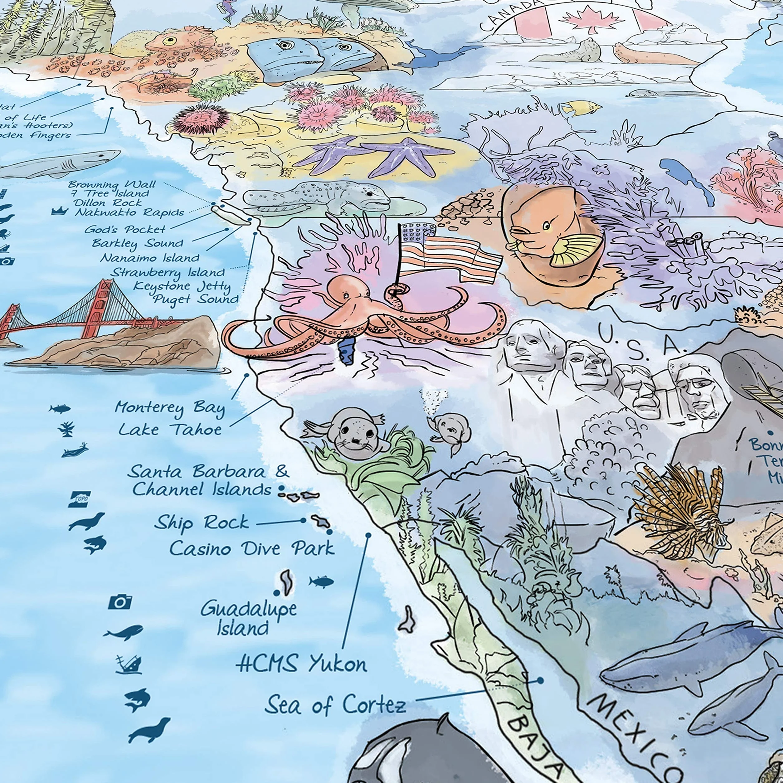 Dive Map by Awesome Maps - Mappa del mondo illustrata per gli appassionati di immersioni - riscrivibile - 97,5 x 56 cm