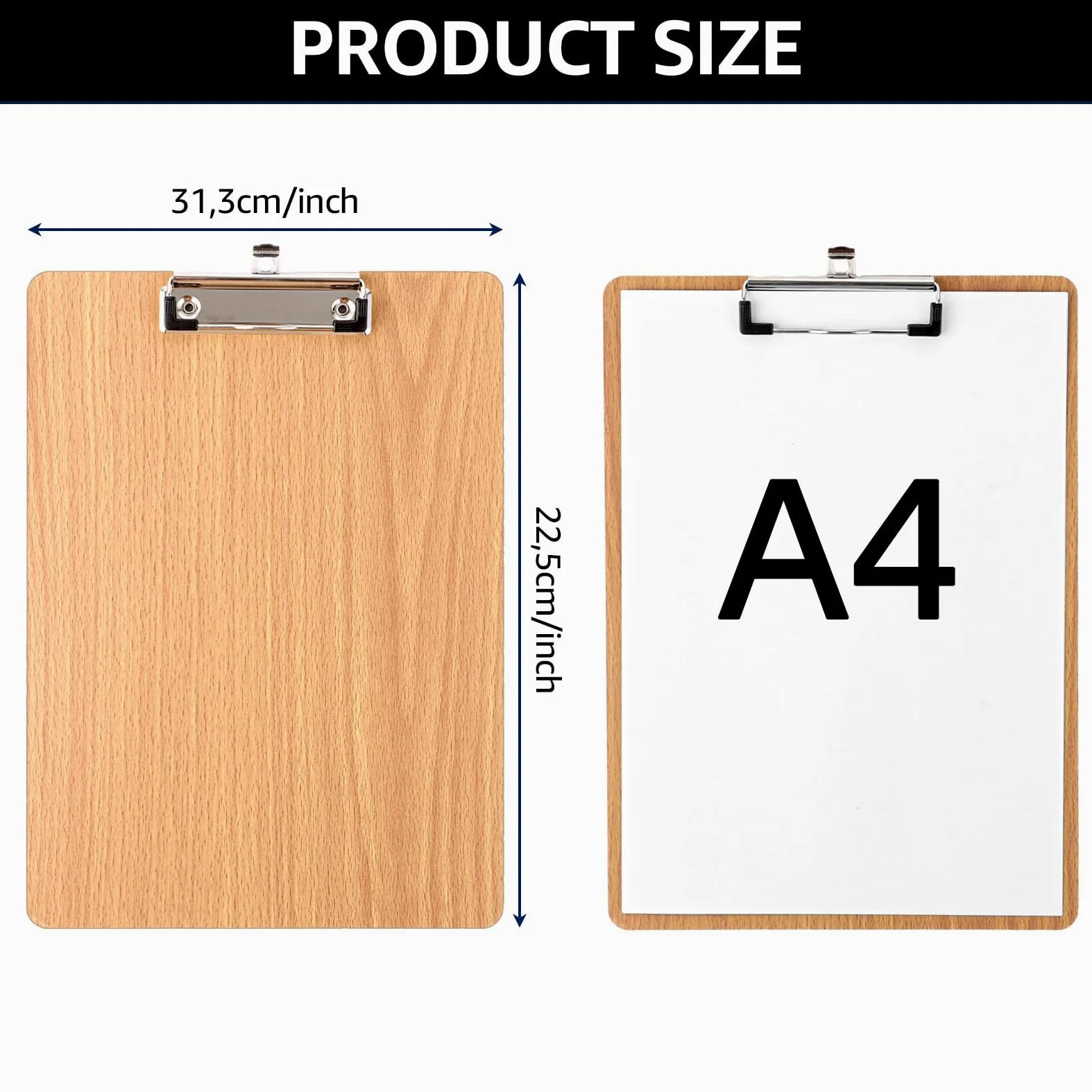 10 portablocco formato A4, in legno, 318 x 225 x 4 mm, in legno A4, con morsetto in metallo e gancio per appendere, formato A4, per ufficio, ristorante, scuola