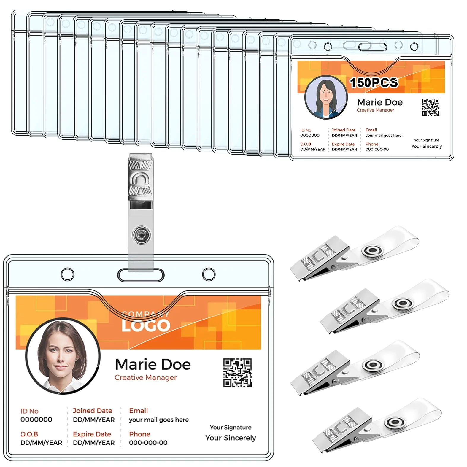 HIMOMO 150 pezzi porta badge con clip, trasparente, impermeabili, per carte di credito, nome orizzontale, con 150 clip in metallo per carta d'identità, targhette con nome