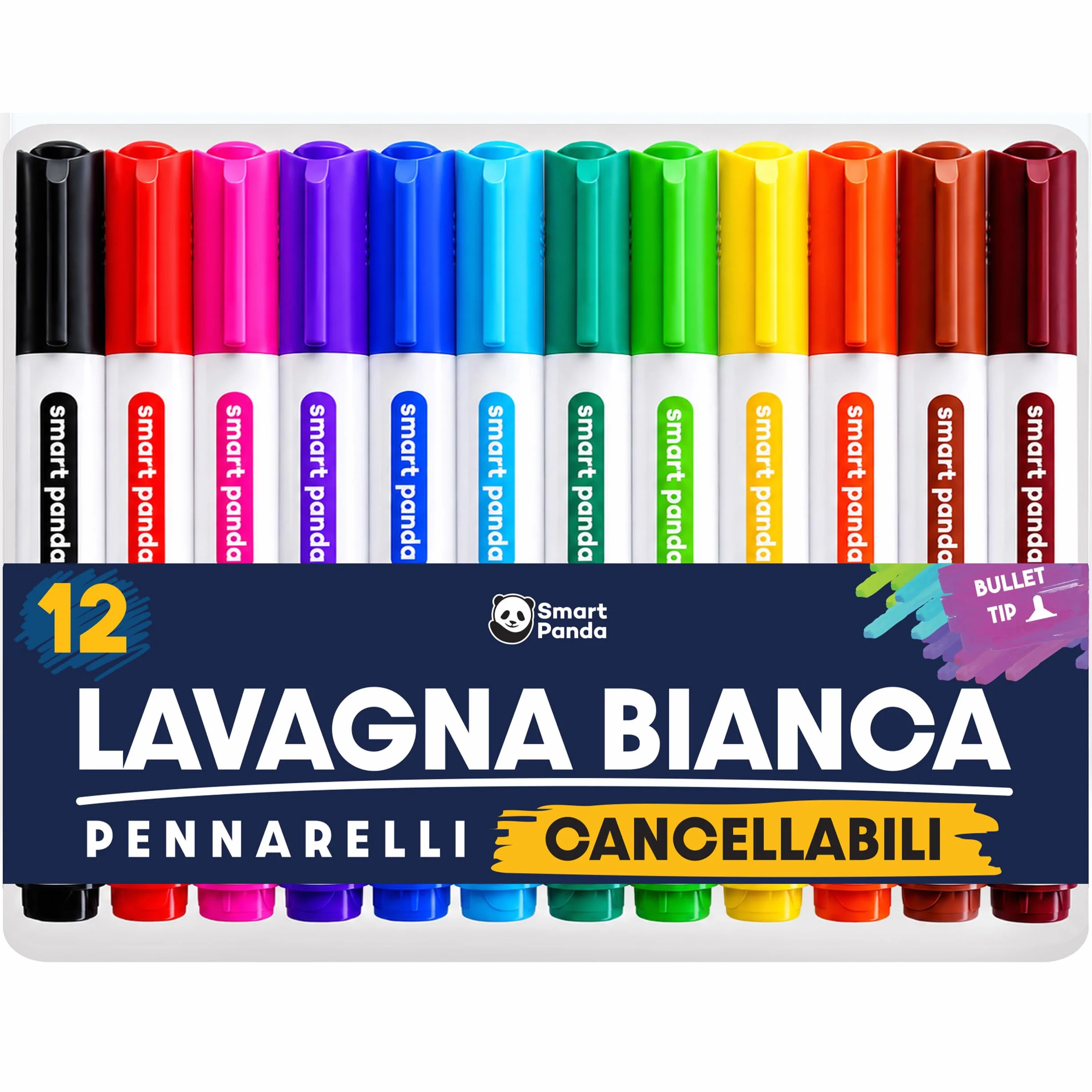 Smart Panda Pennarelli per Lavagnette Punta a Proiettile Subito Asciutti Marcatore Cancellabile Set 12 Colori Assortiti