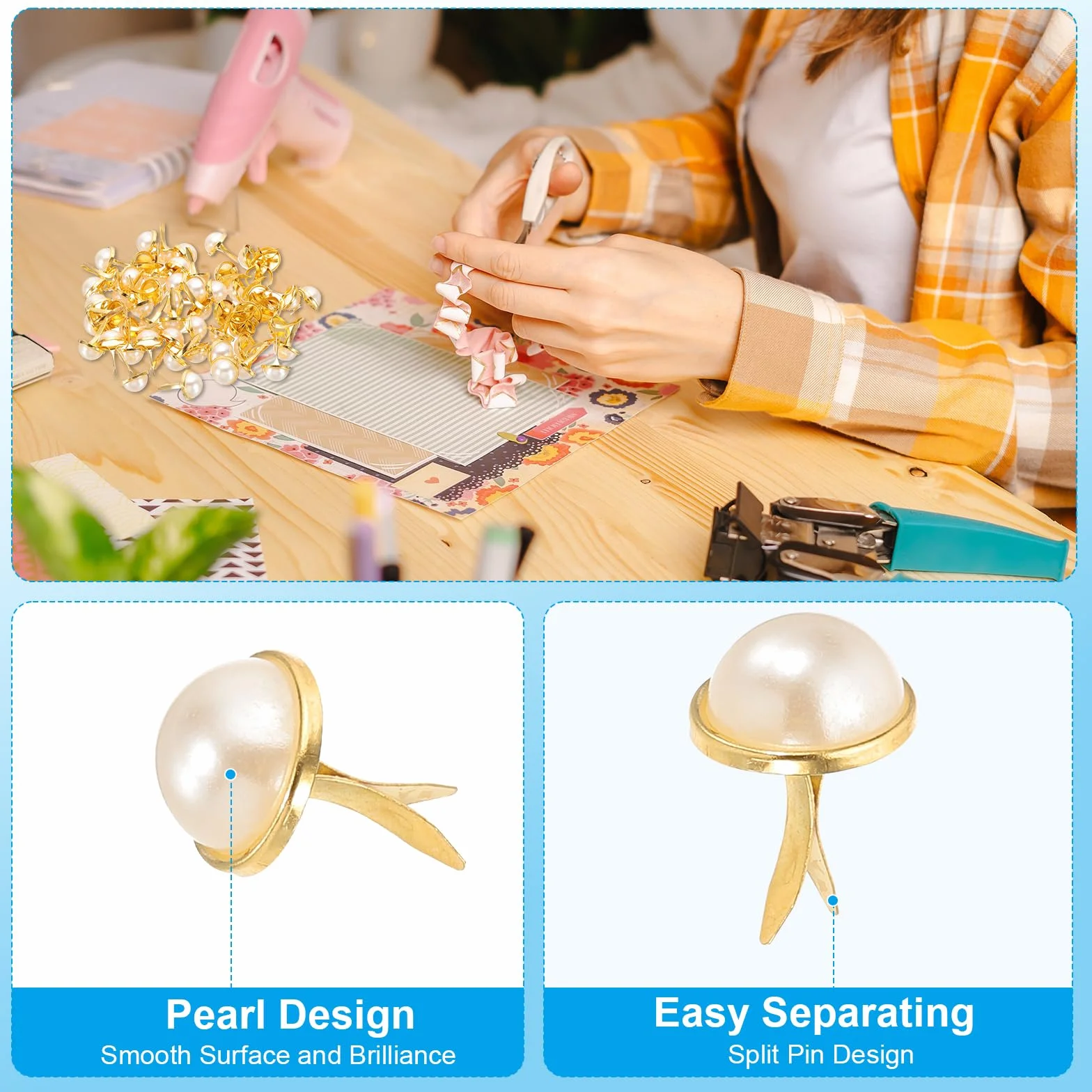 PATIKIL Fermagli per Carta Brads 100Pz Mini Metallo con Perle Pastello Testa Tonda Oro 0,7"x0,5"