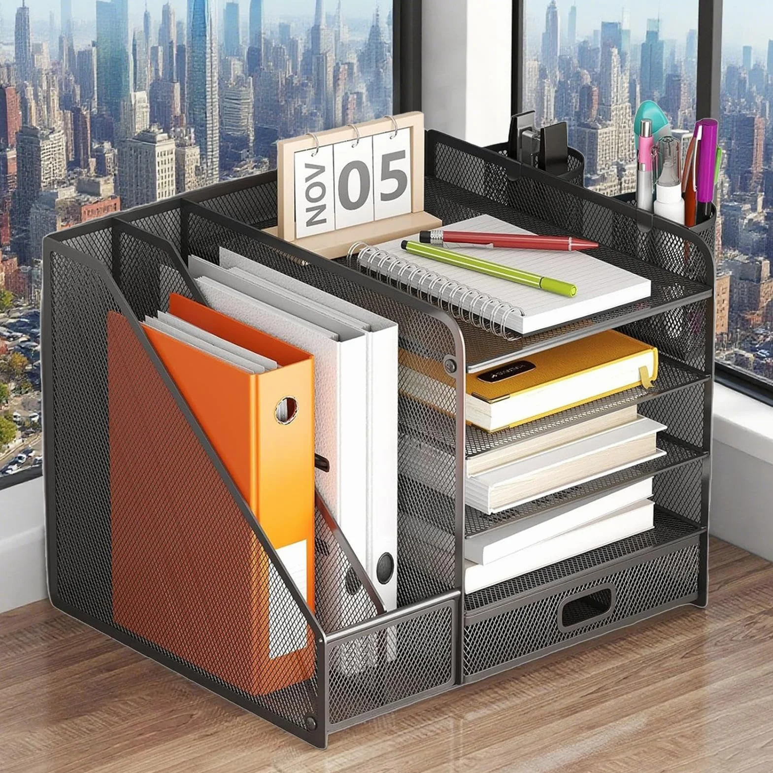 Organizzatore Scrivania Cassetto in Rete Portadocumenti Metallico da Tavolo | Contenitore Antiscivolo per Penne, Documenti e