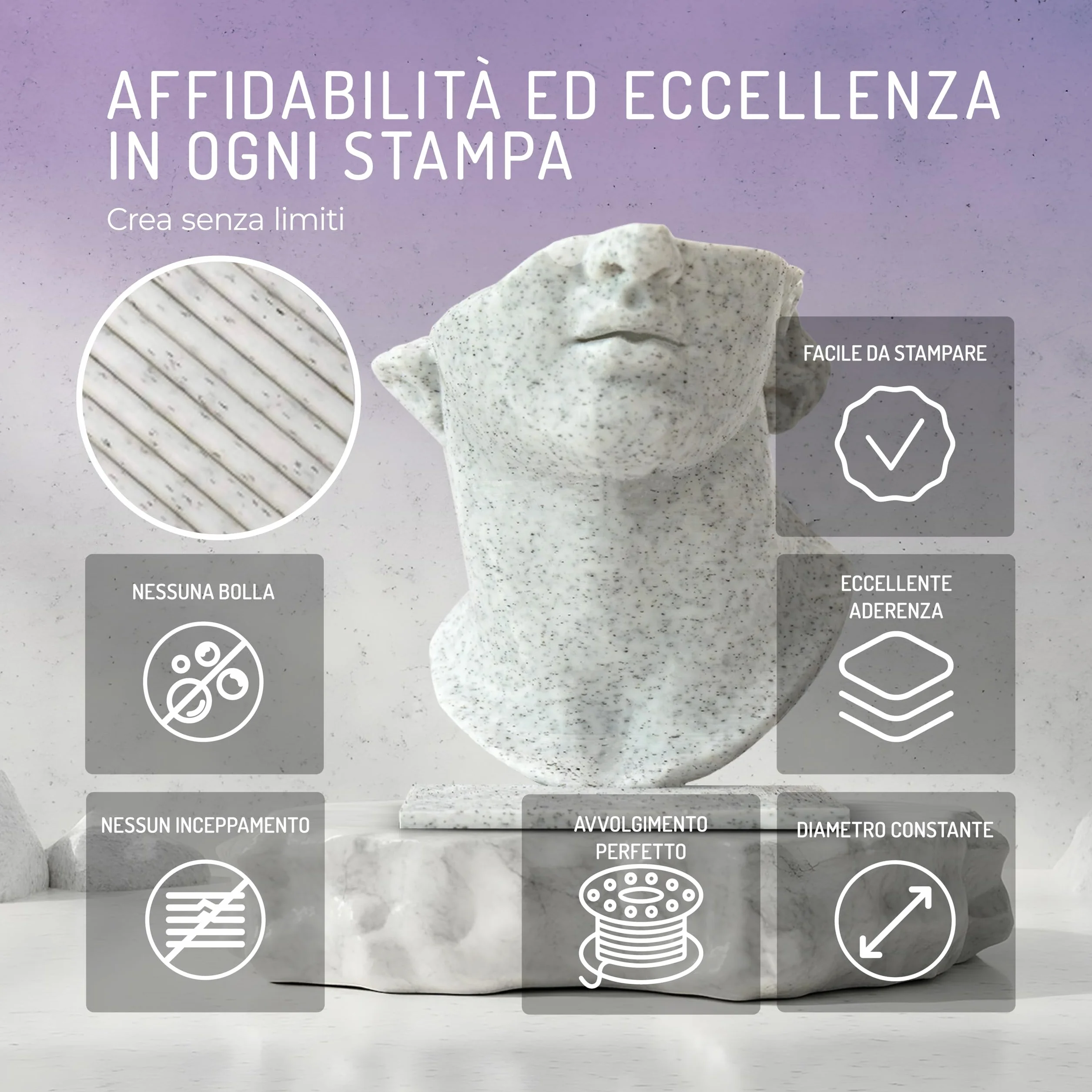 WINKLE Filamento PLA HD Texturizzato 1.75mm Marmo 300g per Stampante 3D FDM Precisione Dimensionale +/- 0.05mm