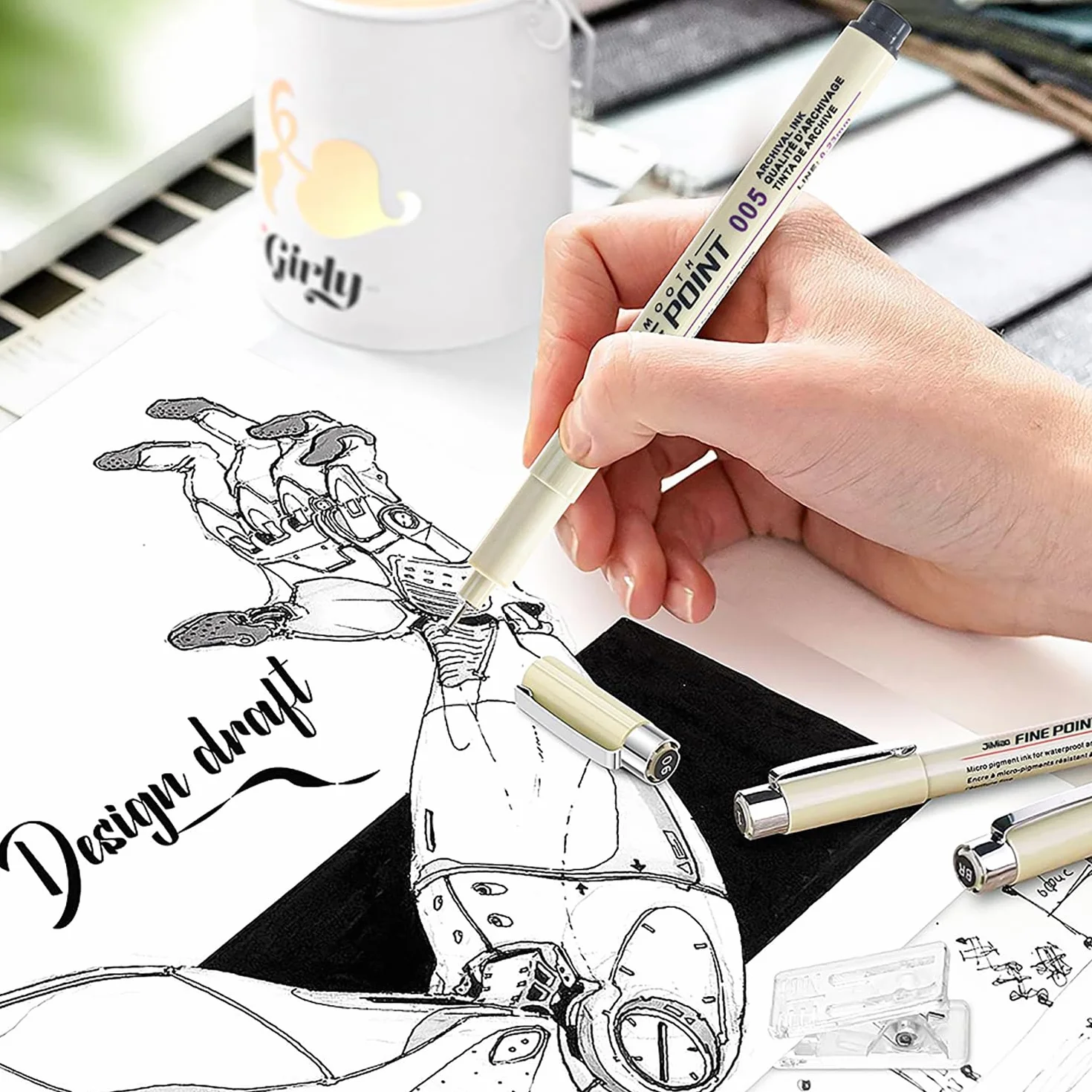 Penne da disegno Pigment Liner Nero Punta Fine impermeabile 12 Pezzi