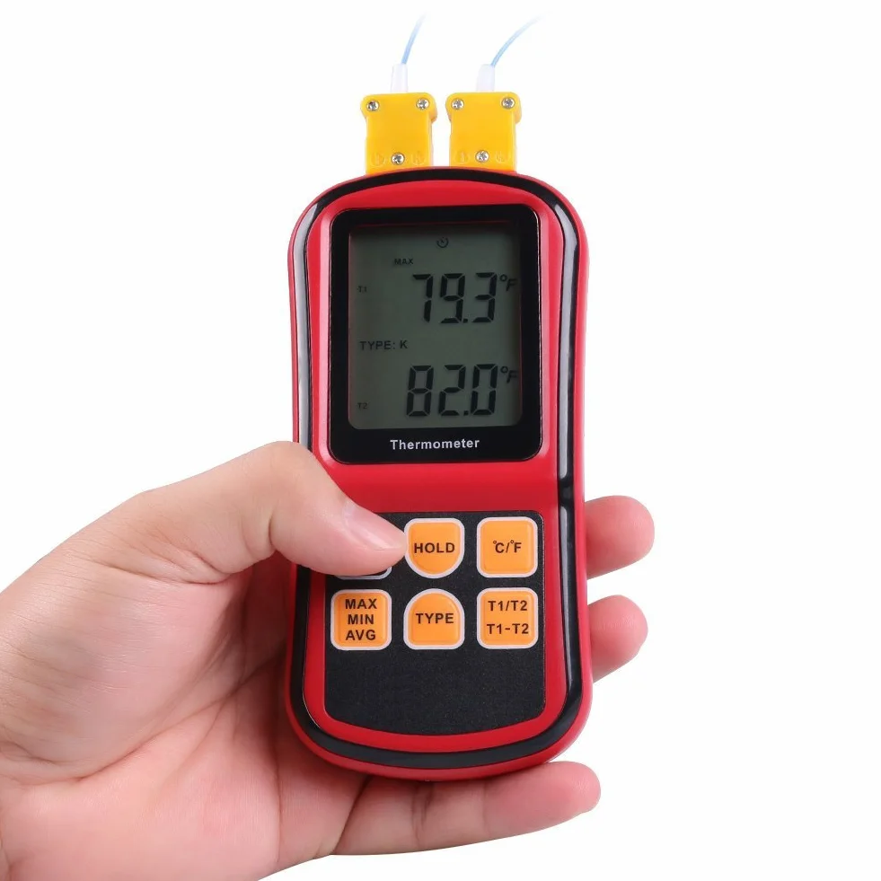 Termometro digitale Dual Channel RGBS con due termocoppie K tipo, retroilluminazione LCD per K/J/T/E/R/S/N, per industria agricoltura meteorologia